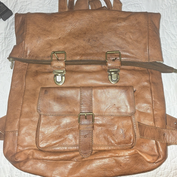 Tan Leather Men's Backpack with Buckle Closures